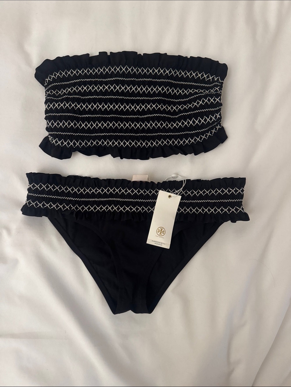 Tory Burch Small Black Bandeau Bikini with White Contrast Stitching